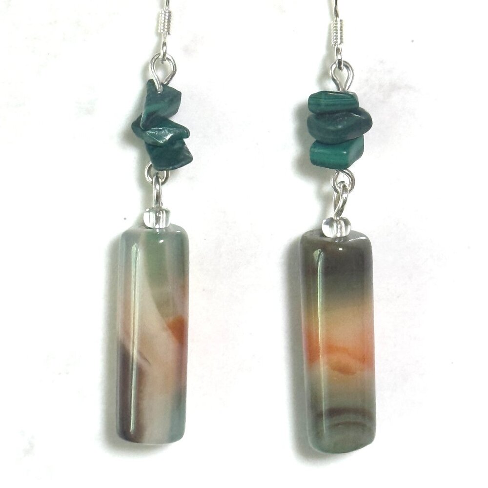 2/$20, Multicolor Agate Green Malachite Earrings, Gemstone +Sterling Silver Hook